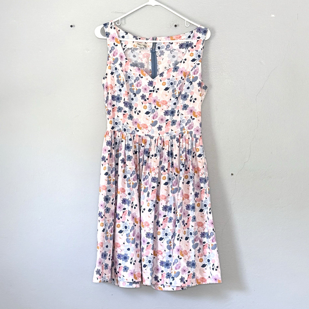 Patricia Valery Dress M/L Blue Pink Floral Skater Fit and Flare Summer USA